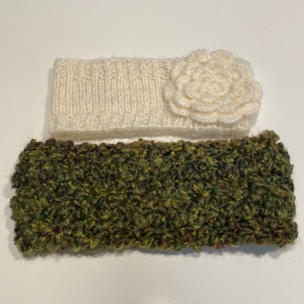 Set of 2 knit ear muff headbands for winter! Cream & Green multi